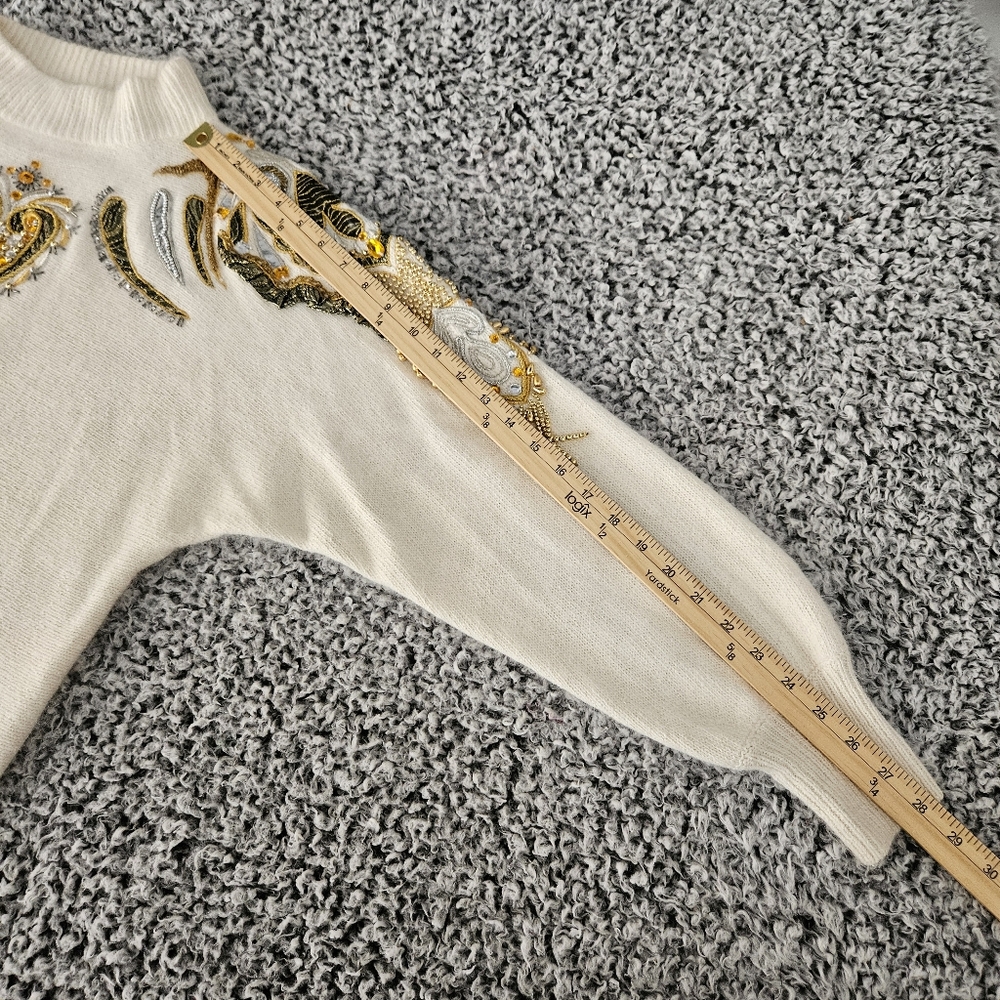 Vintage Cedars Angora Silk Wool Sweater Small Embellished 80s 90s Off White Gold - Picture 14 of 14